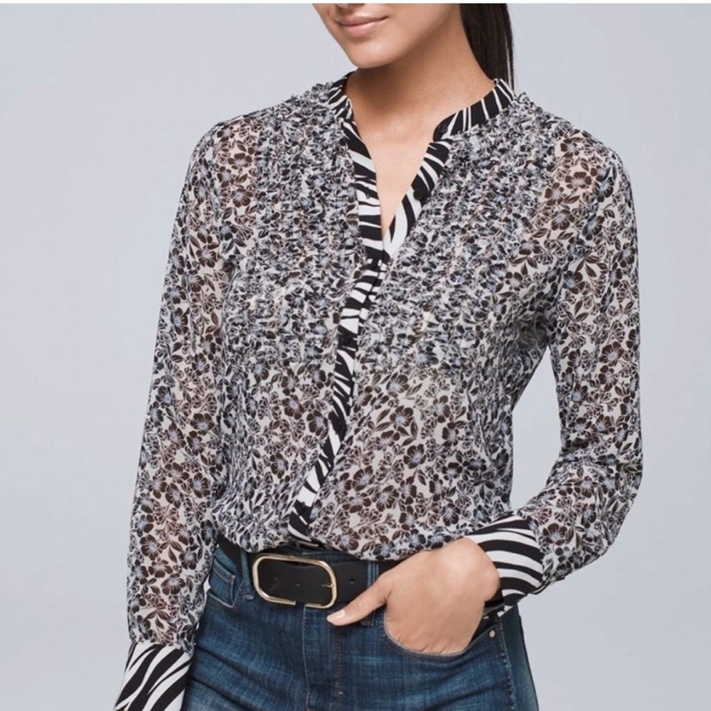 WHBM Long Sleeve Ruffle Front Blouse